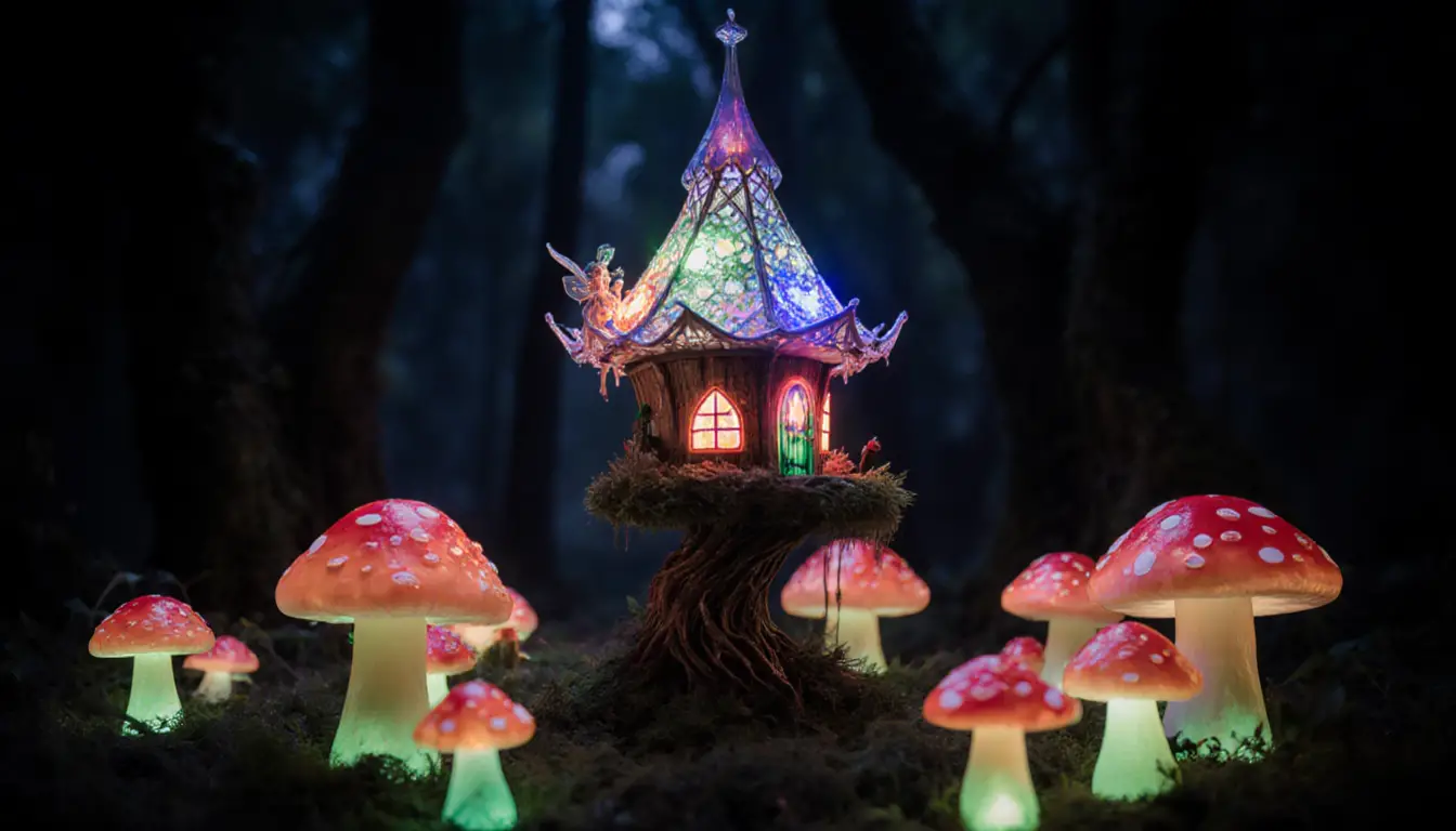 Glowing Glass Fairy Treehouse In A Dark Fantasy Forest
