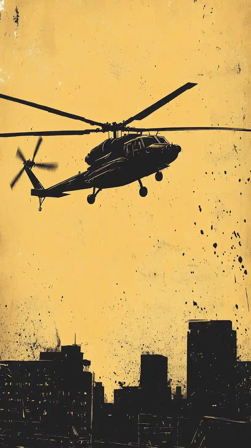 Grunge-Comic-Helikopter über urbaner Stadtsilhouette Poster