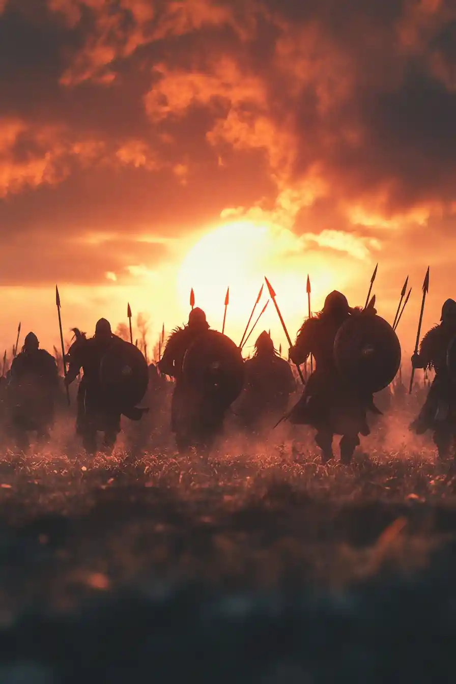 Epische Anime-Krieger als Silhouetten auf einem Schlachtfeld im Sonnenuntergang