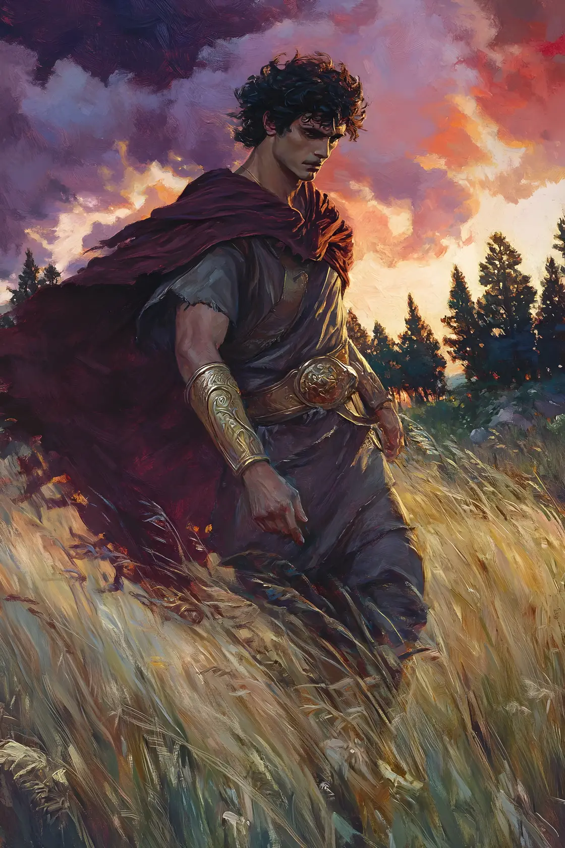 Perseus striding through a windy field at sunset