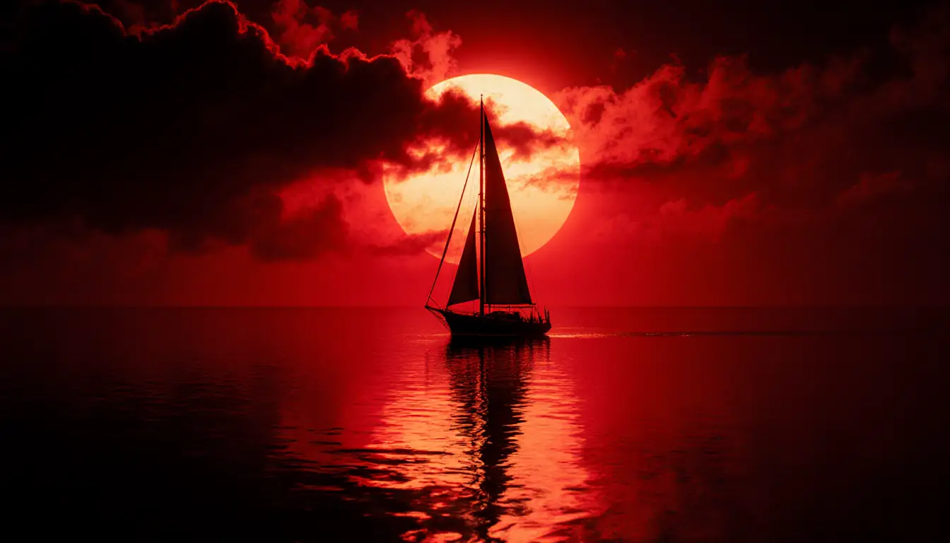 Red sailboat under a fiery sun on calm reflective water