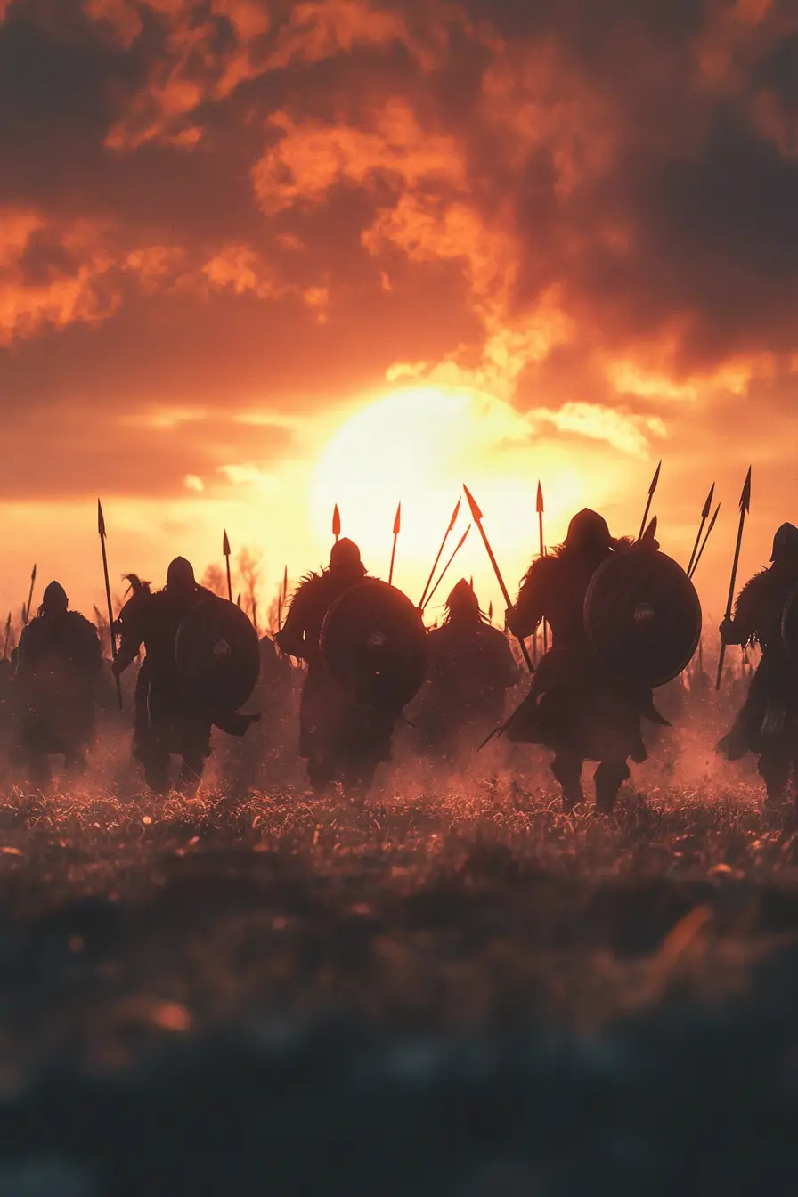 Epic anime warriors silhouetted on a sunset battlefield