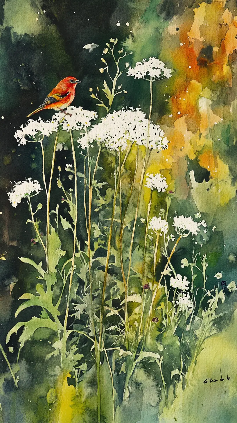 Red bird perched among wildflowers in watercolor painting