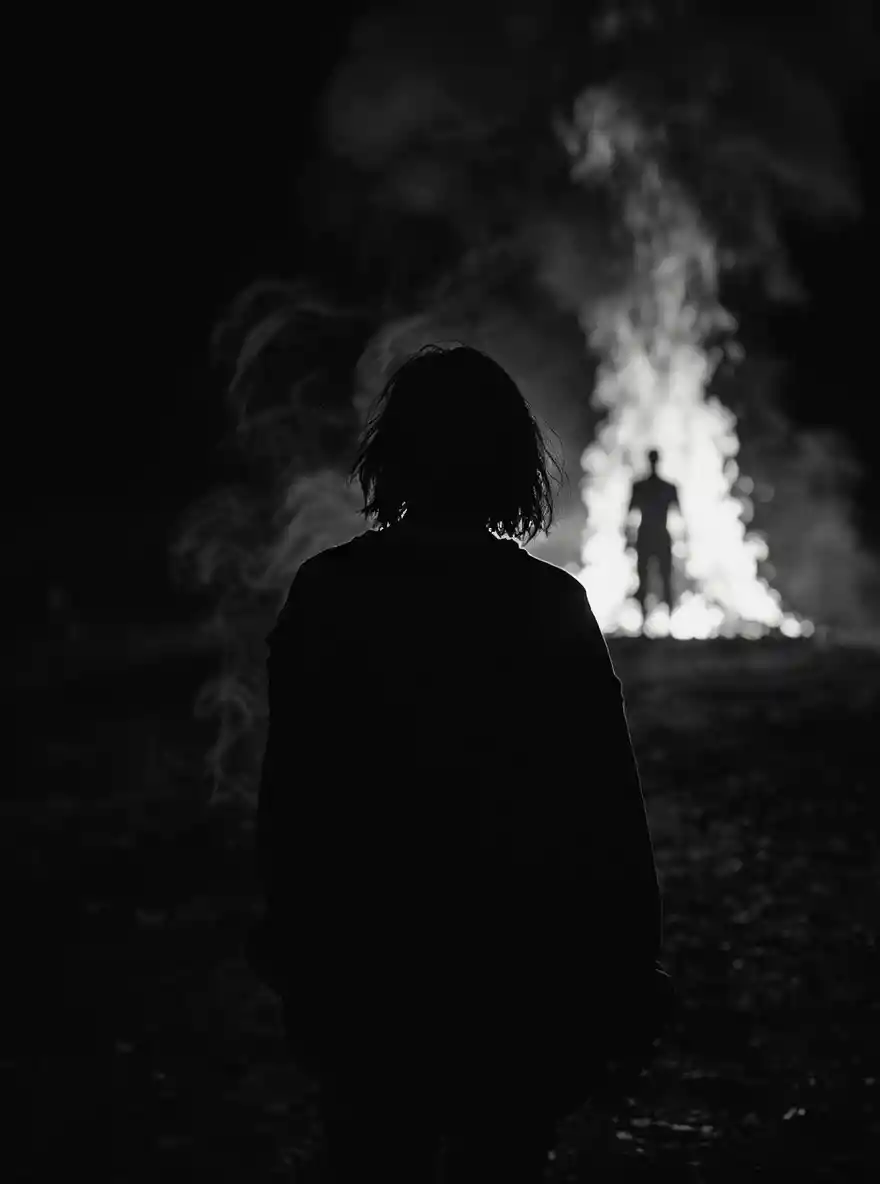 Woman in smoke facing distant flames in monochrome