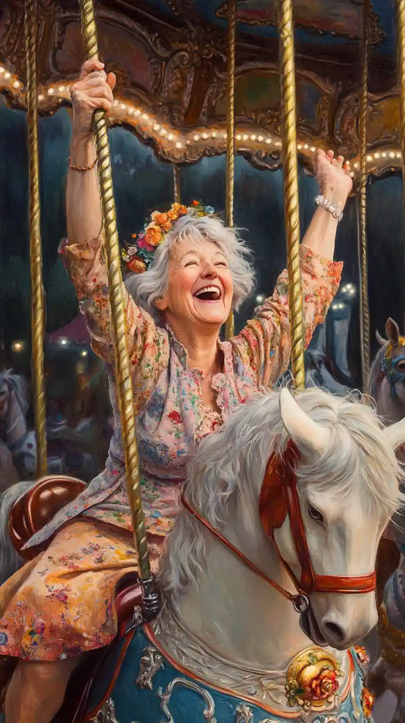 Joyful older woman riding a whimsical carnival carousel