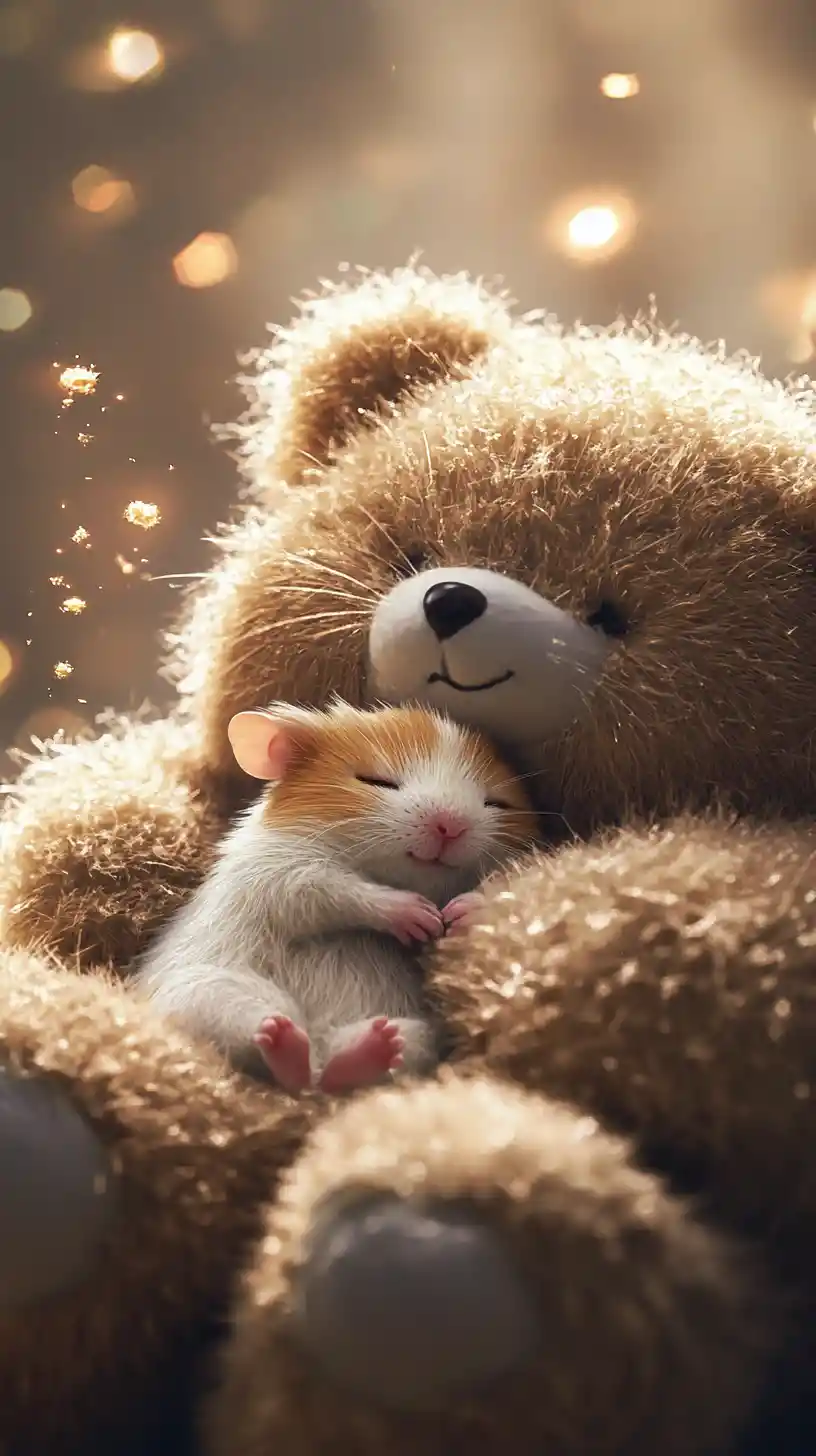 Niedlicher Chibi-Hamster schläft auf einem flauschigen Teddybären