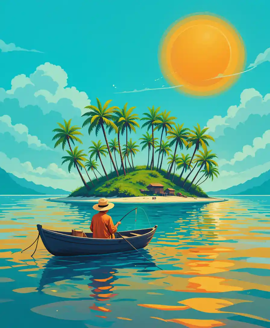 Tropical island and fisherman boat in vibrant sunlight