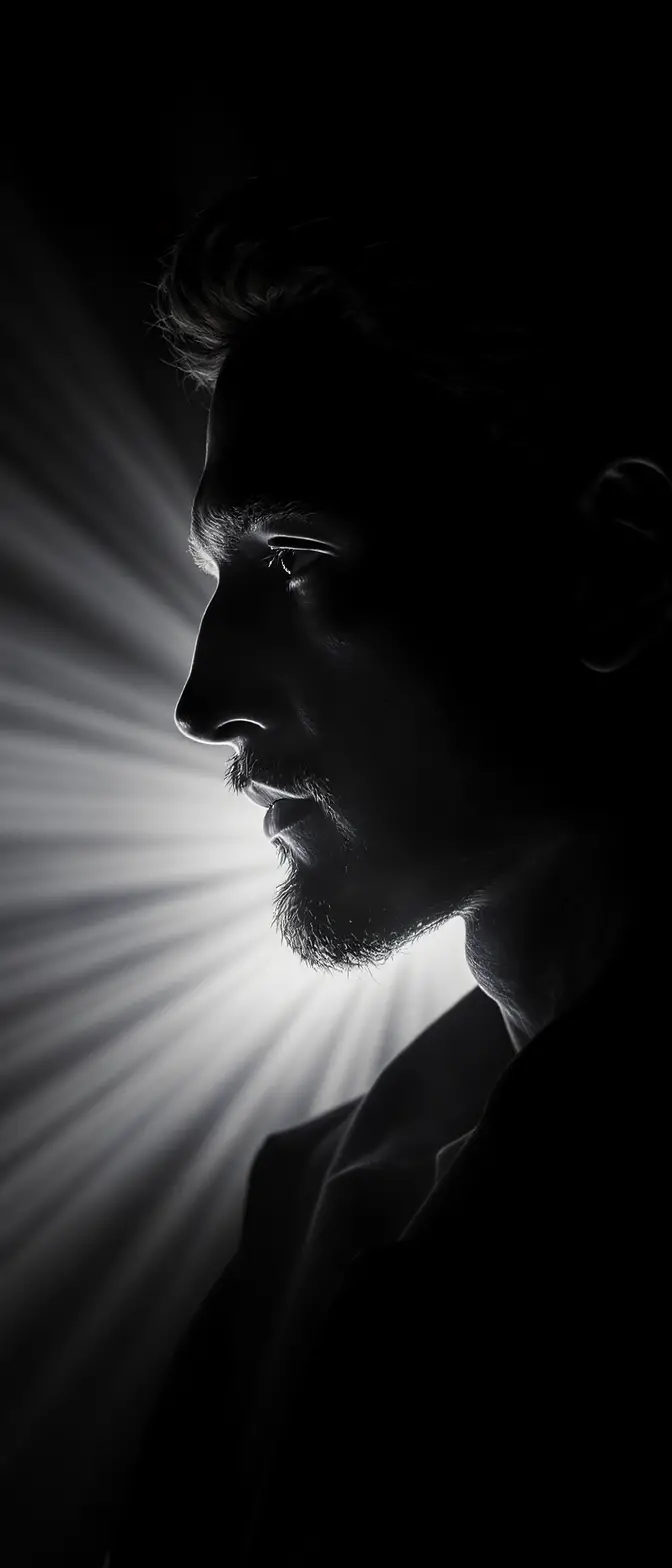 Monochrome male portrait sculpted from shadow and light