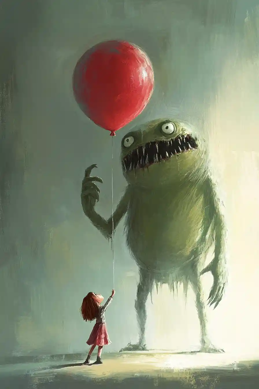 Little girl offering red balloon to gentle monster