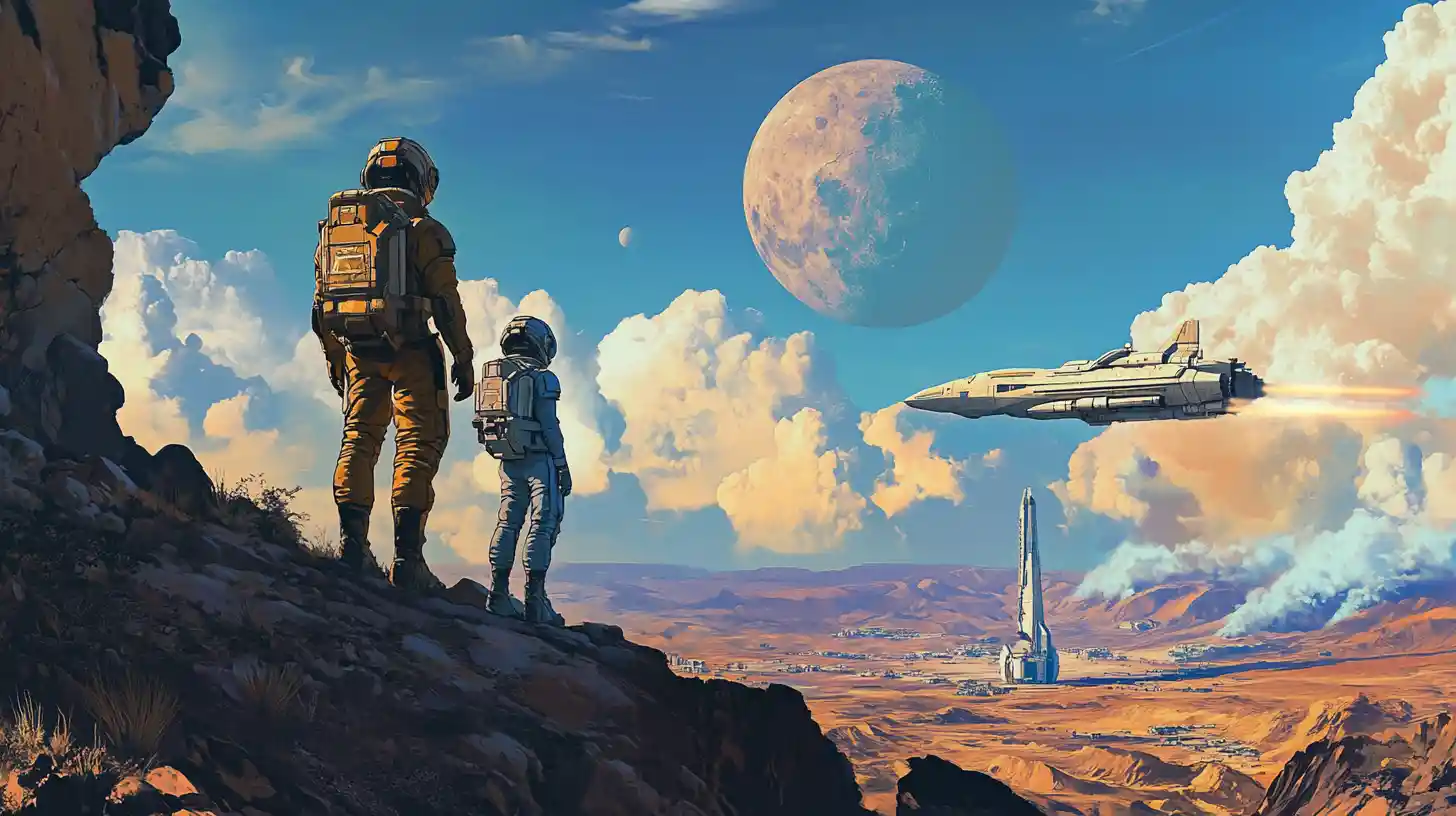 Astronauts Overlooking Desert Valley With Rising Starship