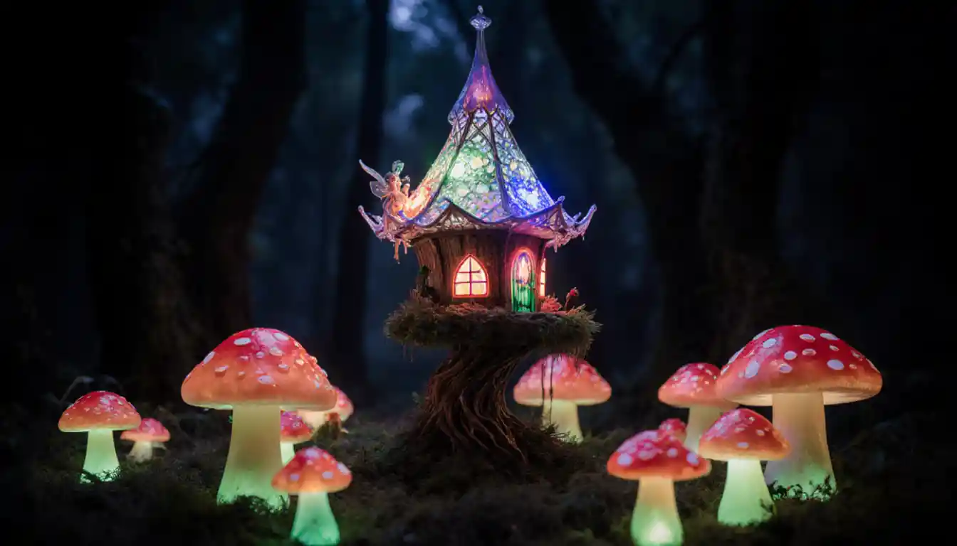 Glowing Glass Fairy Treehouse In A Dark Fantasy Forest