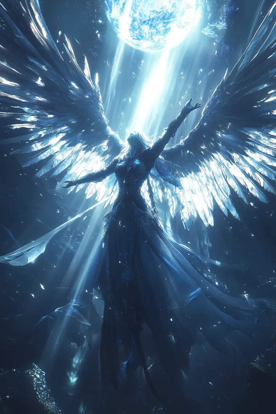 Valkyrie Raises A Glowing Blue Soul Toward Heaven
