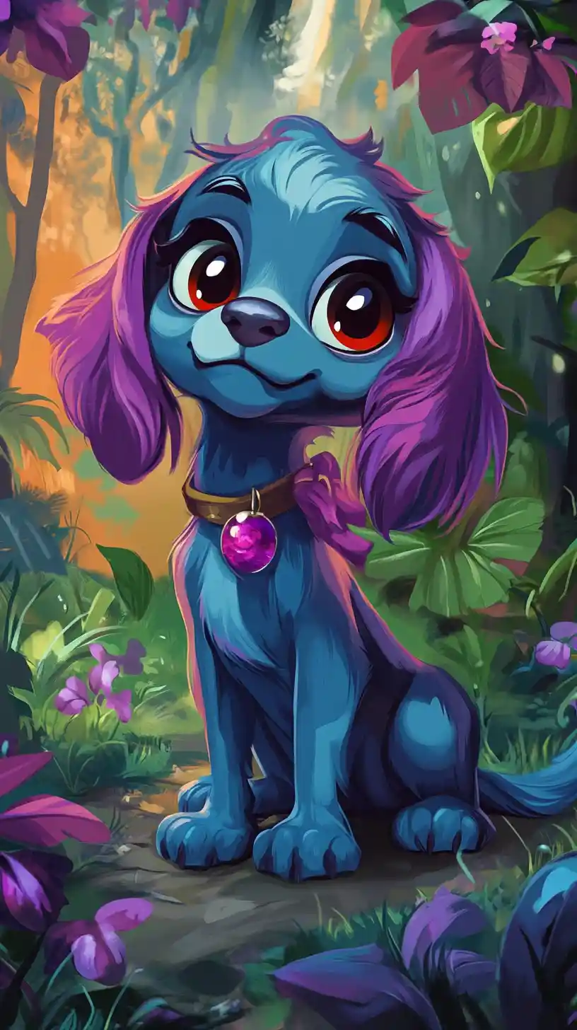 ディーバのような華やかさとスタイルでポーズをとる紫色のスパニエルキャラクター