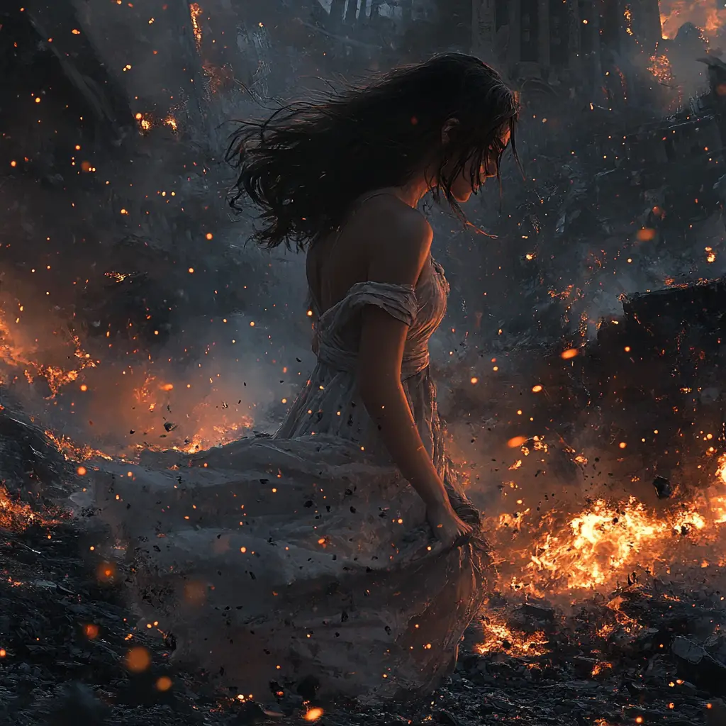 Cinematic fantasy woman running through burning ruins at night