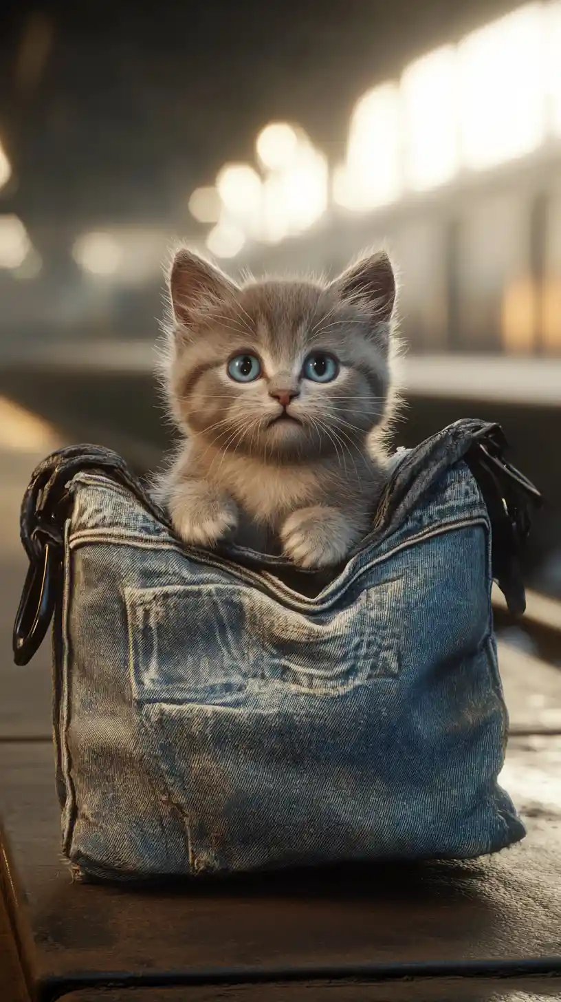 Curious gray kitten in denim suitcase at train station
