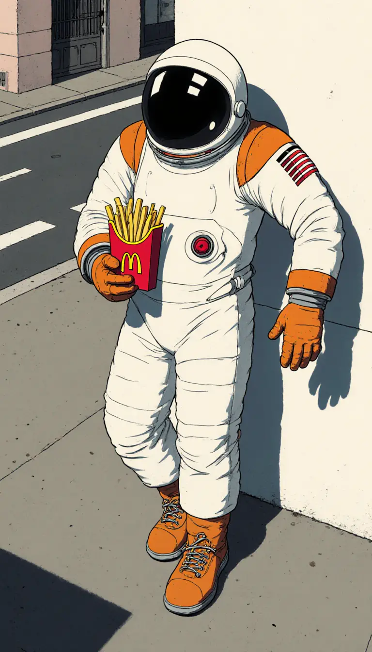 Bored astronaut holding fries at a quiet street corner
