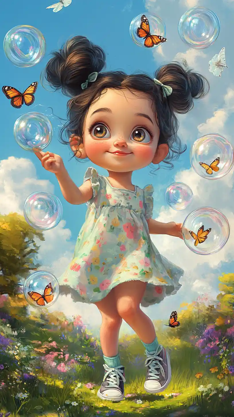 Cheerful toddler girl blowing butterfly bubble magic outdoors