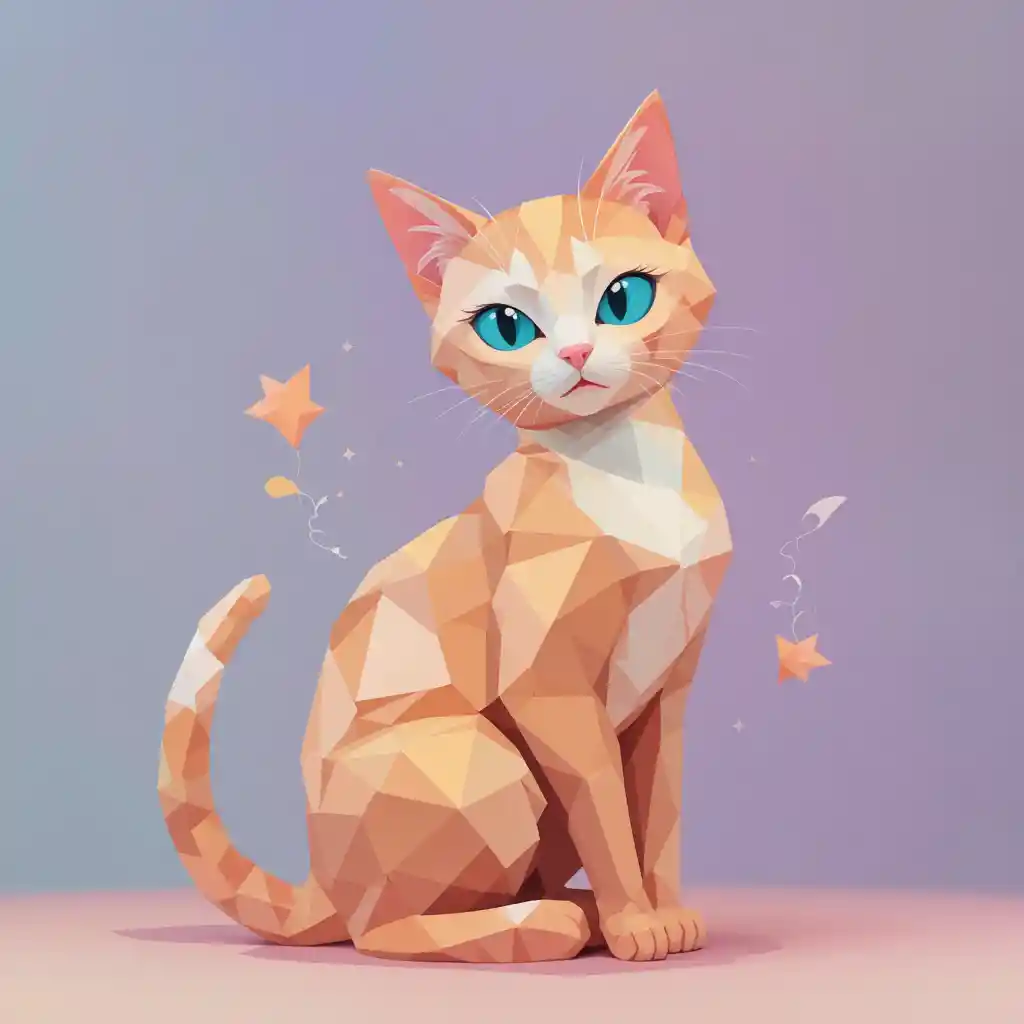 Low poly pastel cat sitting against abstract gradient background