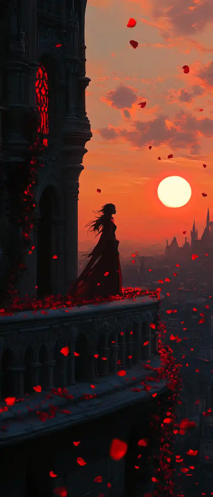 Vampire girl greeting her first sunrise on castle balcony