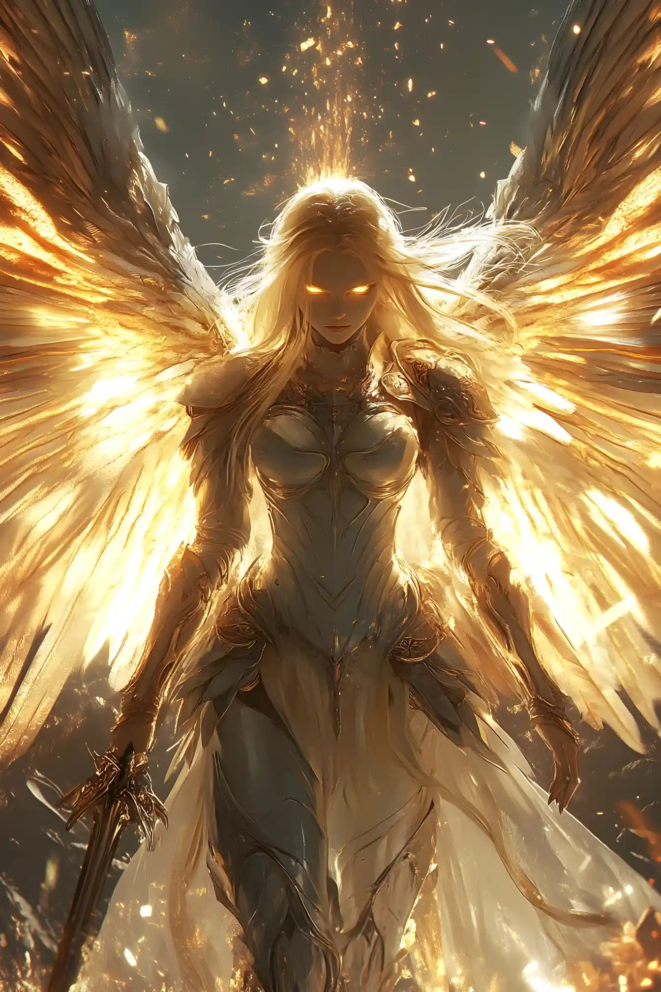 Valkyrie with golden wings descending on a silent battlefield