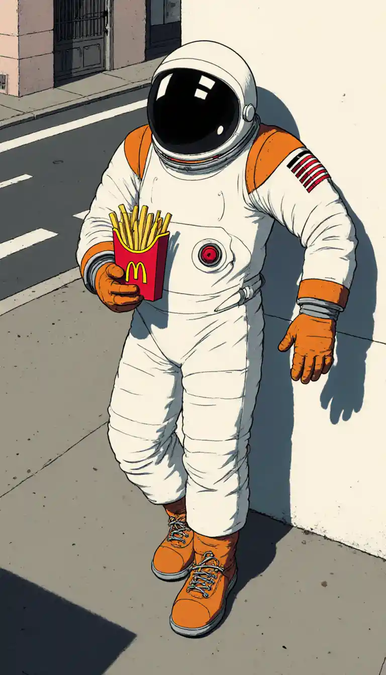 Bored astronaut holding fries at a quiet street corner
