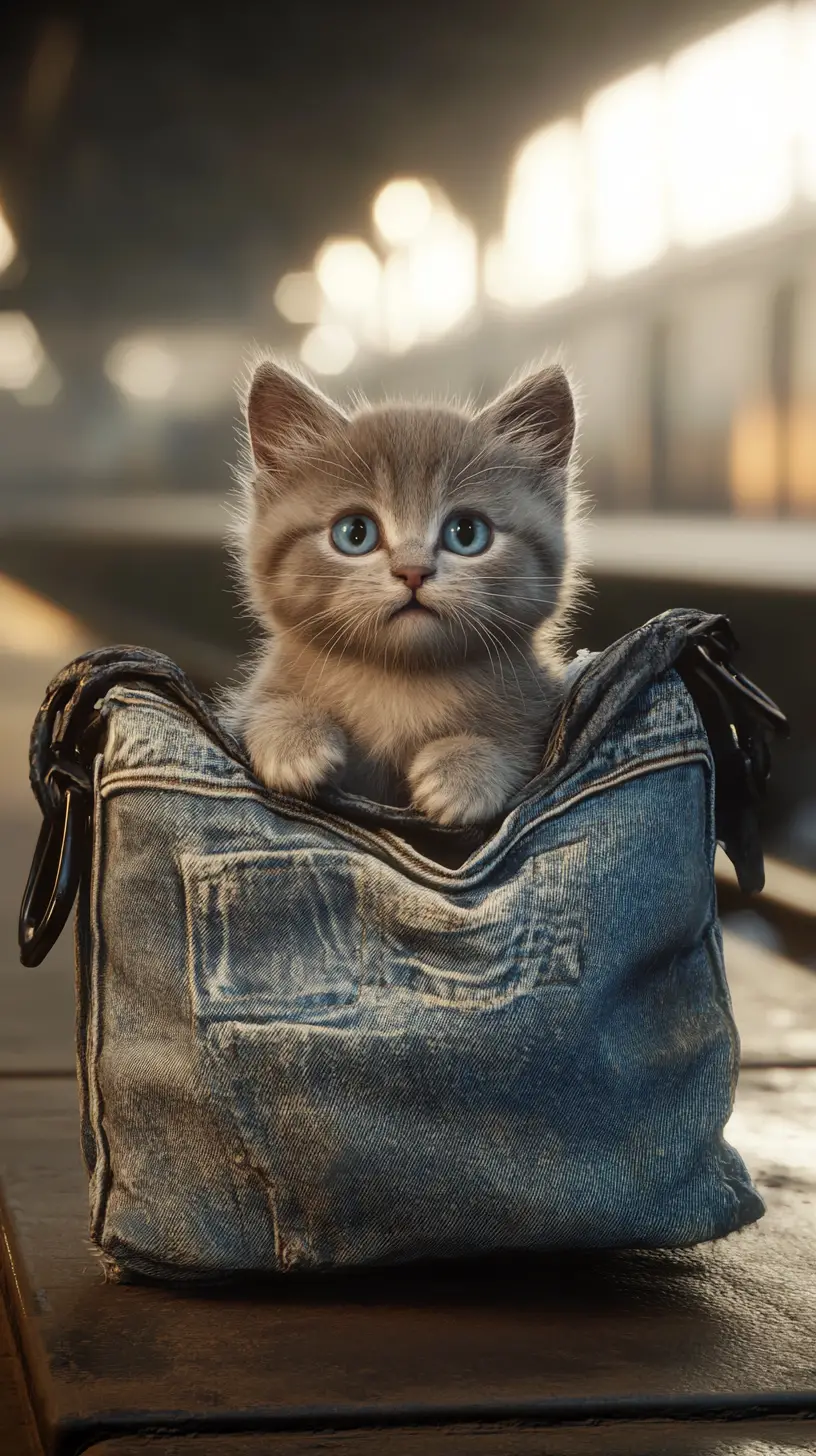 Curious gray kitten in denim suitcase at train station
