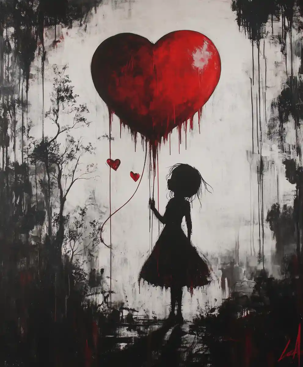 Moody black white and red abstract oil painting