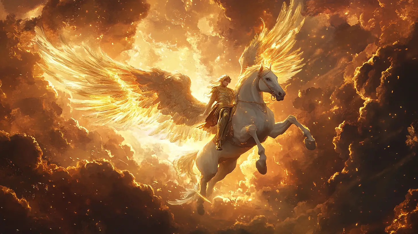 Pegasus And Rider Soar Through Glowing Mythic Clouds