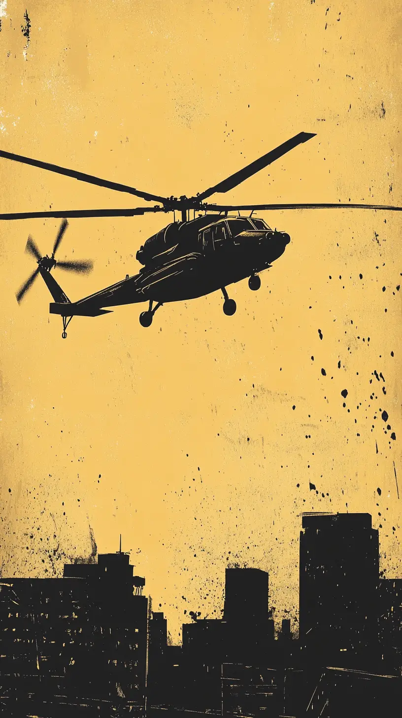 Grunge comic helicopter flying above urban cityscape poster