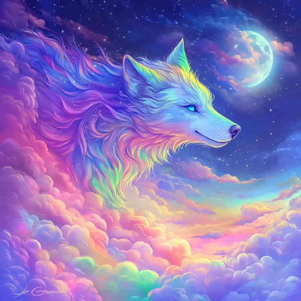 Mystical rainbow wolf running through a starry night sky