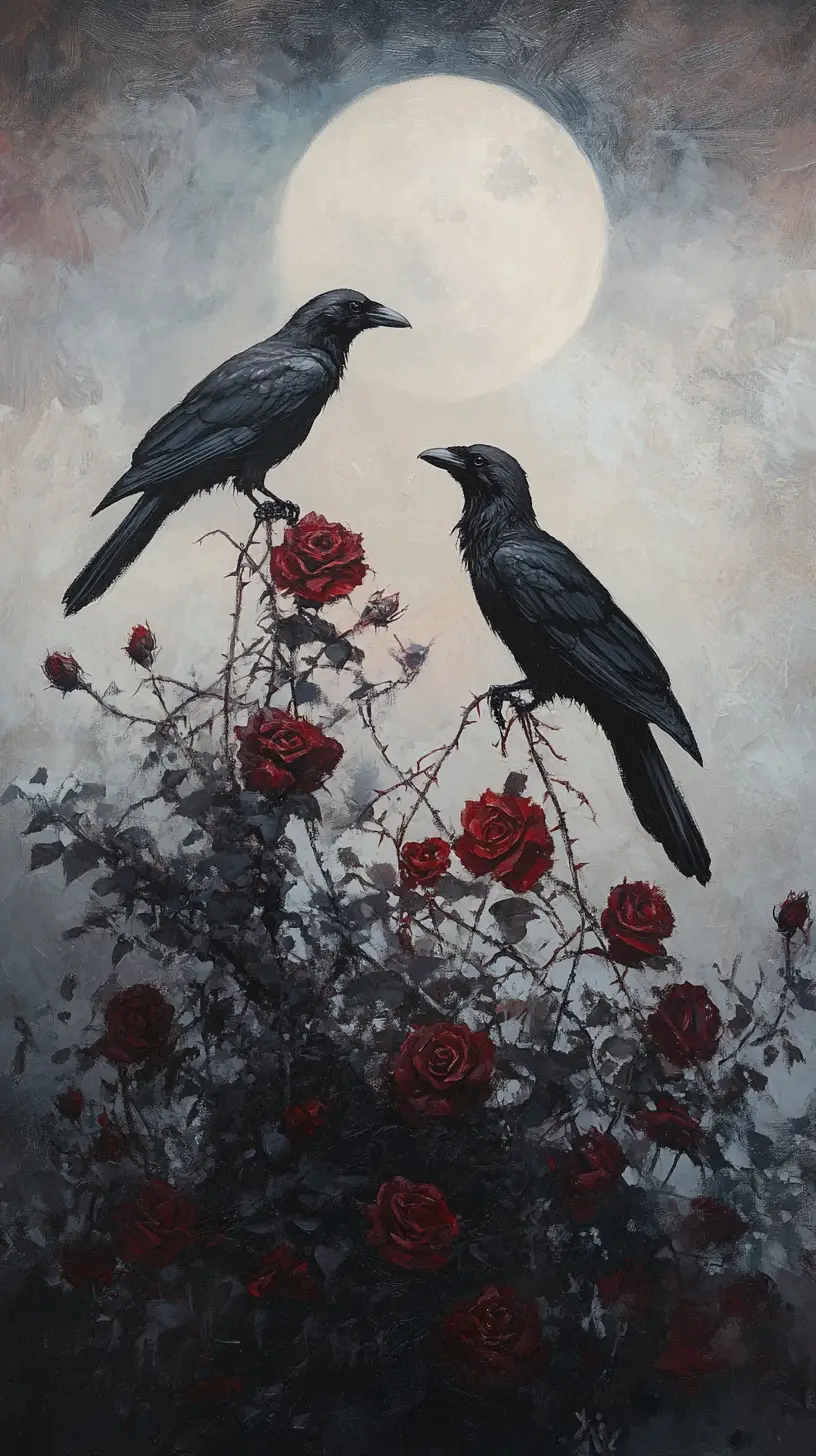 Two ravens on a thorny red rose bush under moonlight