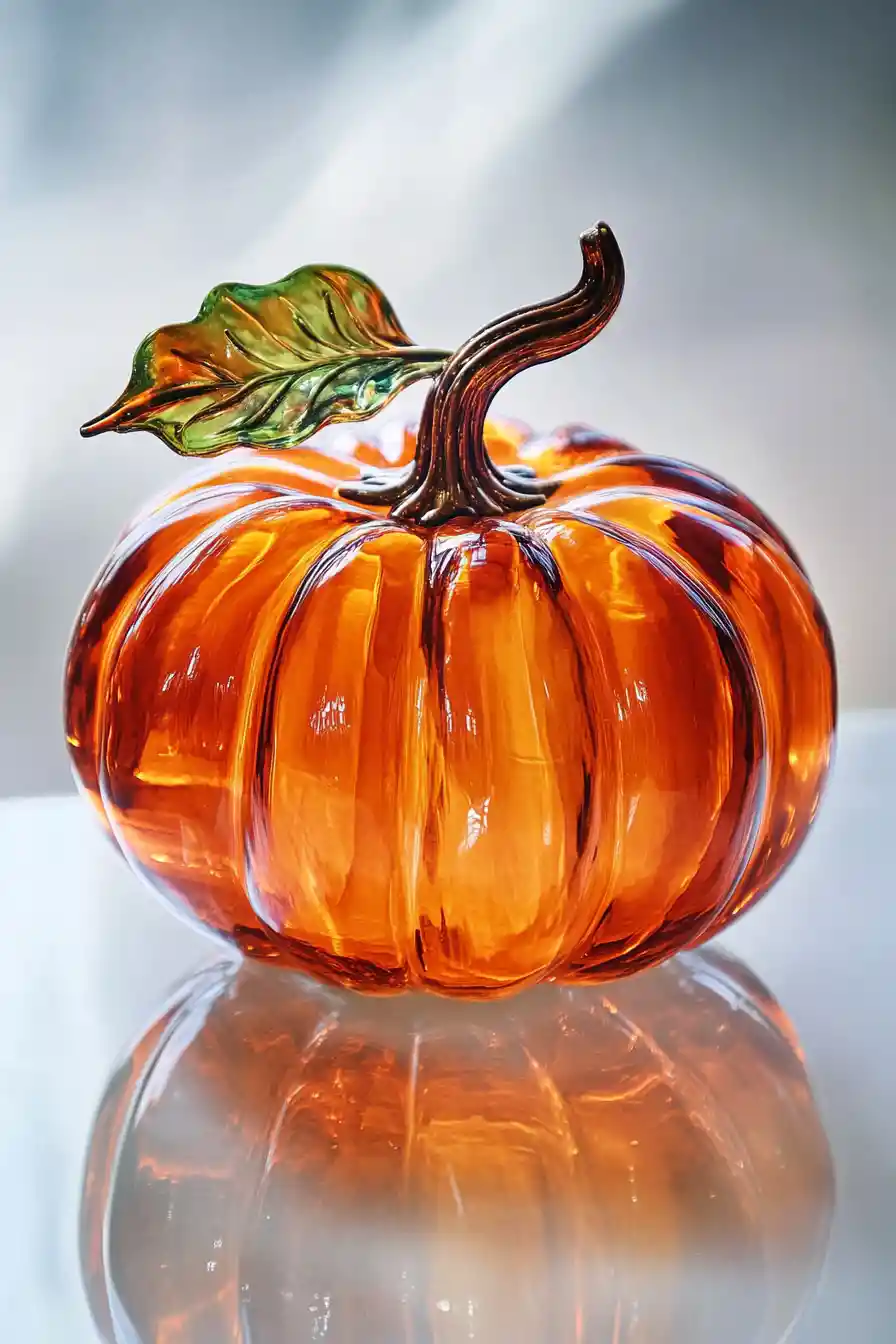 Glowing crystal glass pumpkin on glossy white surface