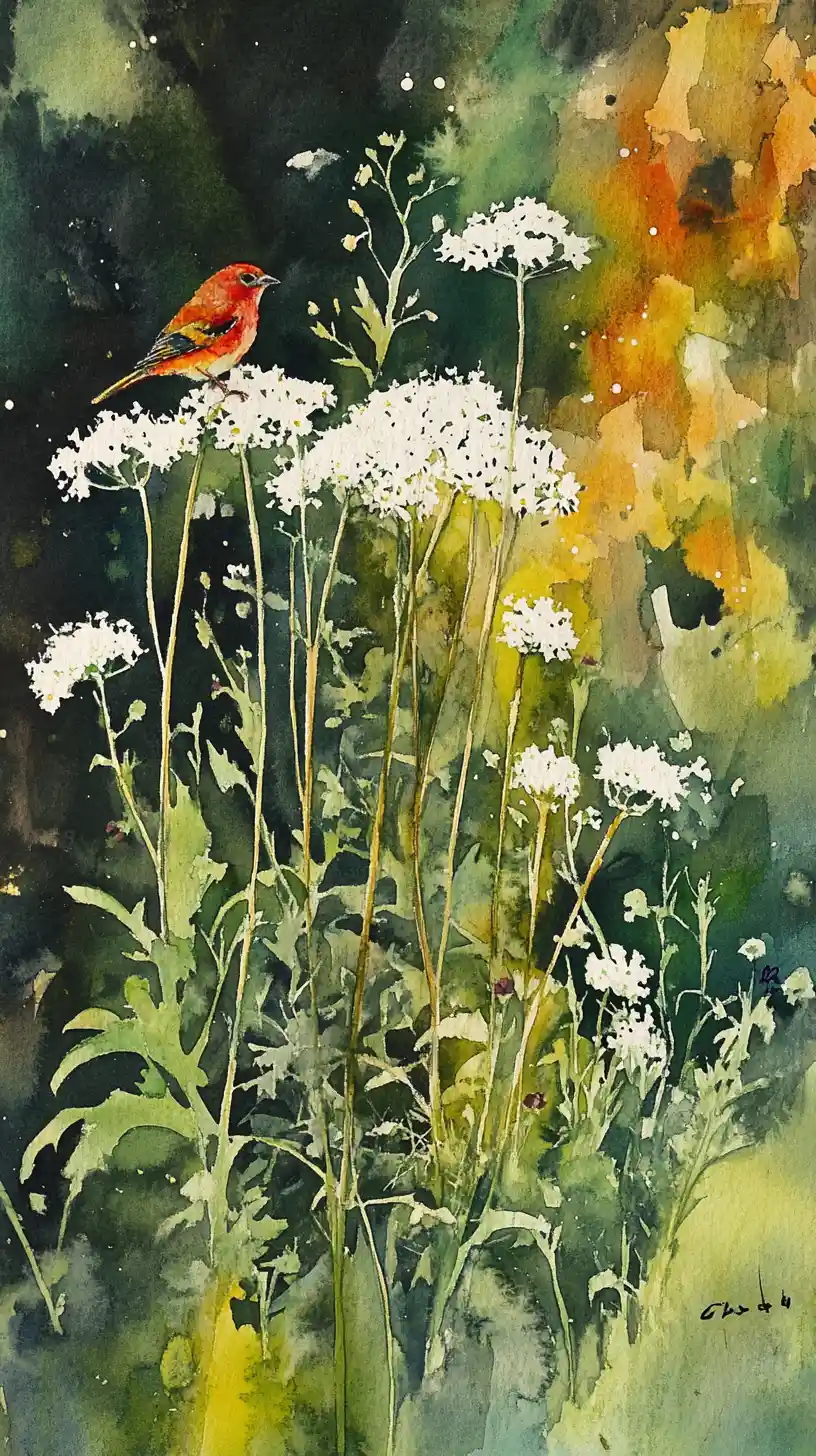 Red bird perched among wildflowers in watercolor painting