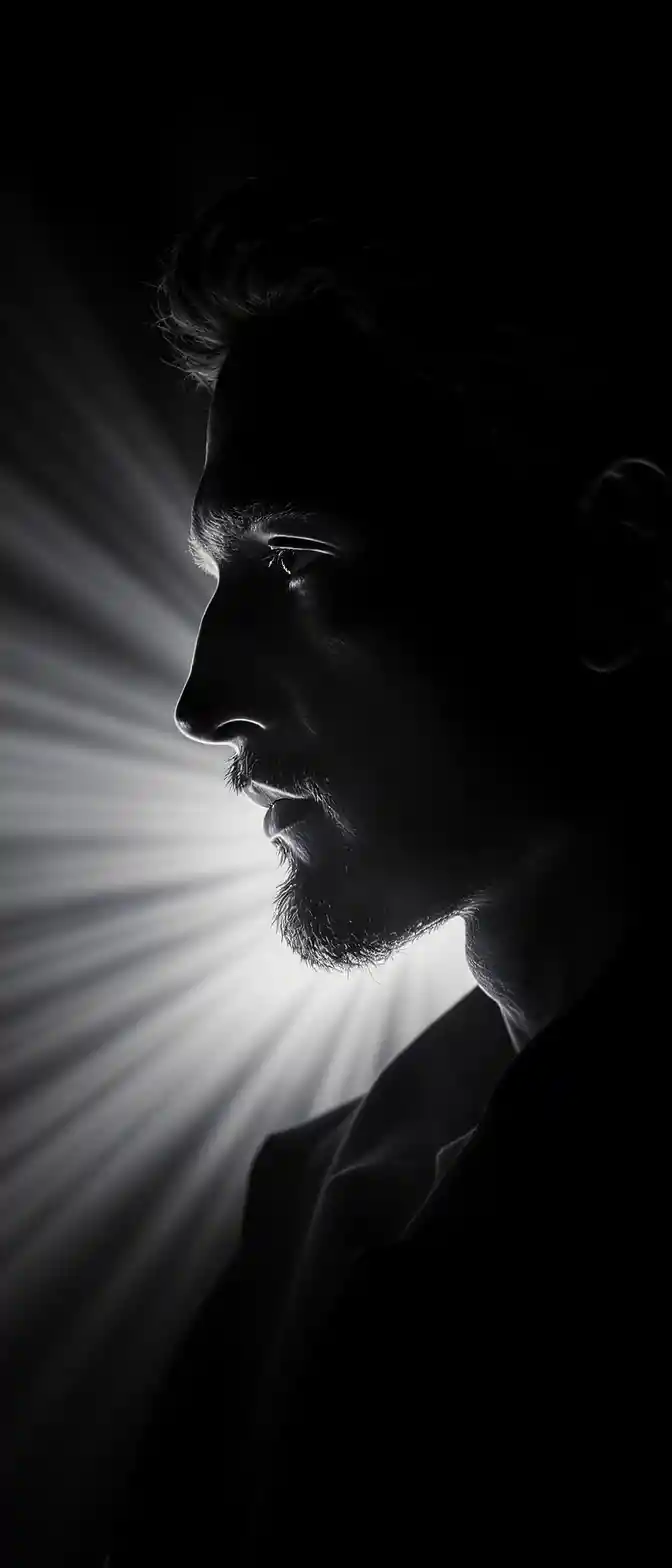 Monochrome male portrait sculpted from shadow and light
