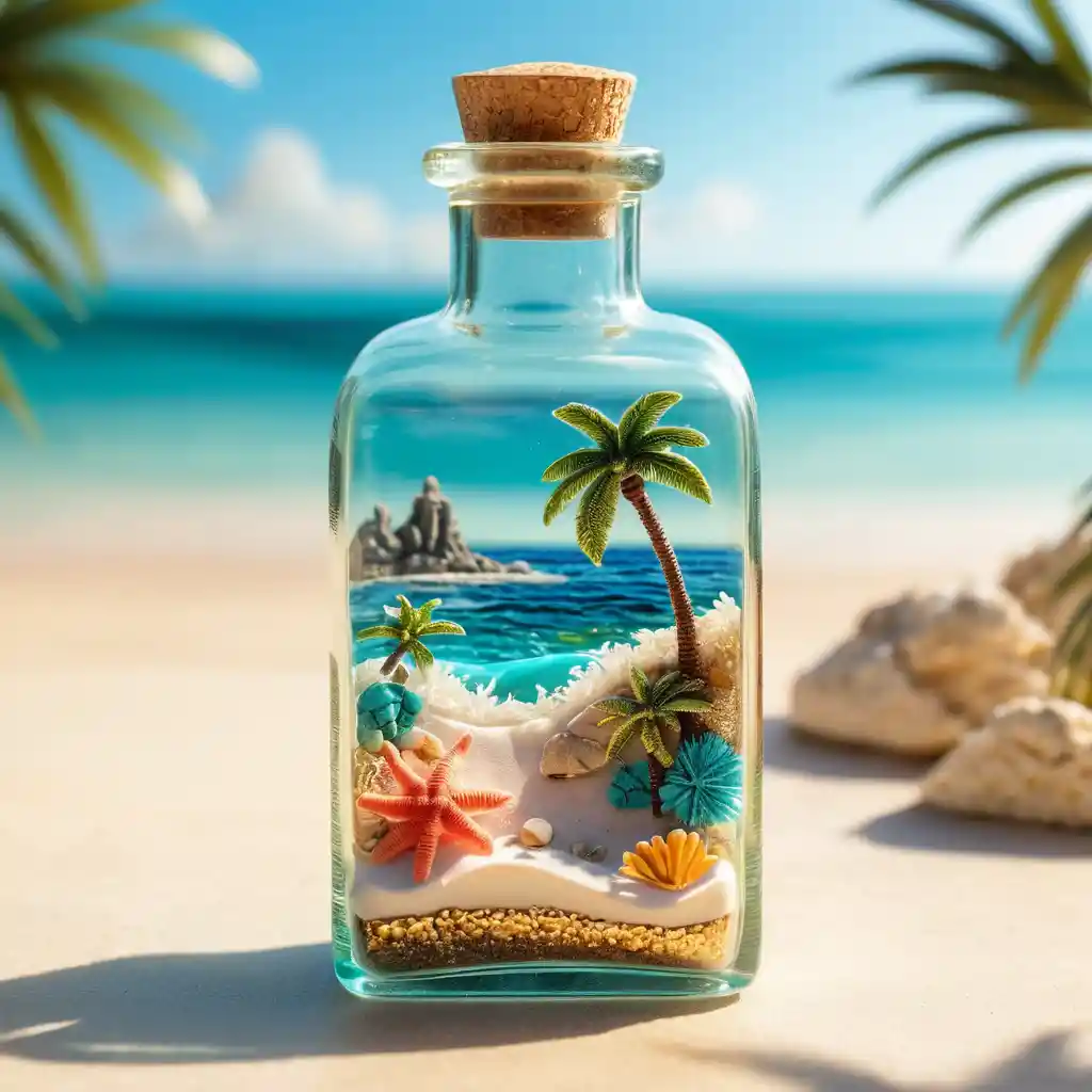 Miniature tropical beach world sealed inside a glass bottle