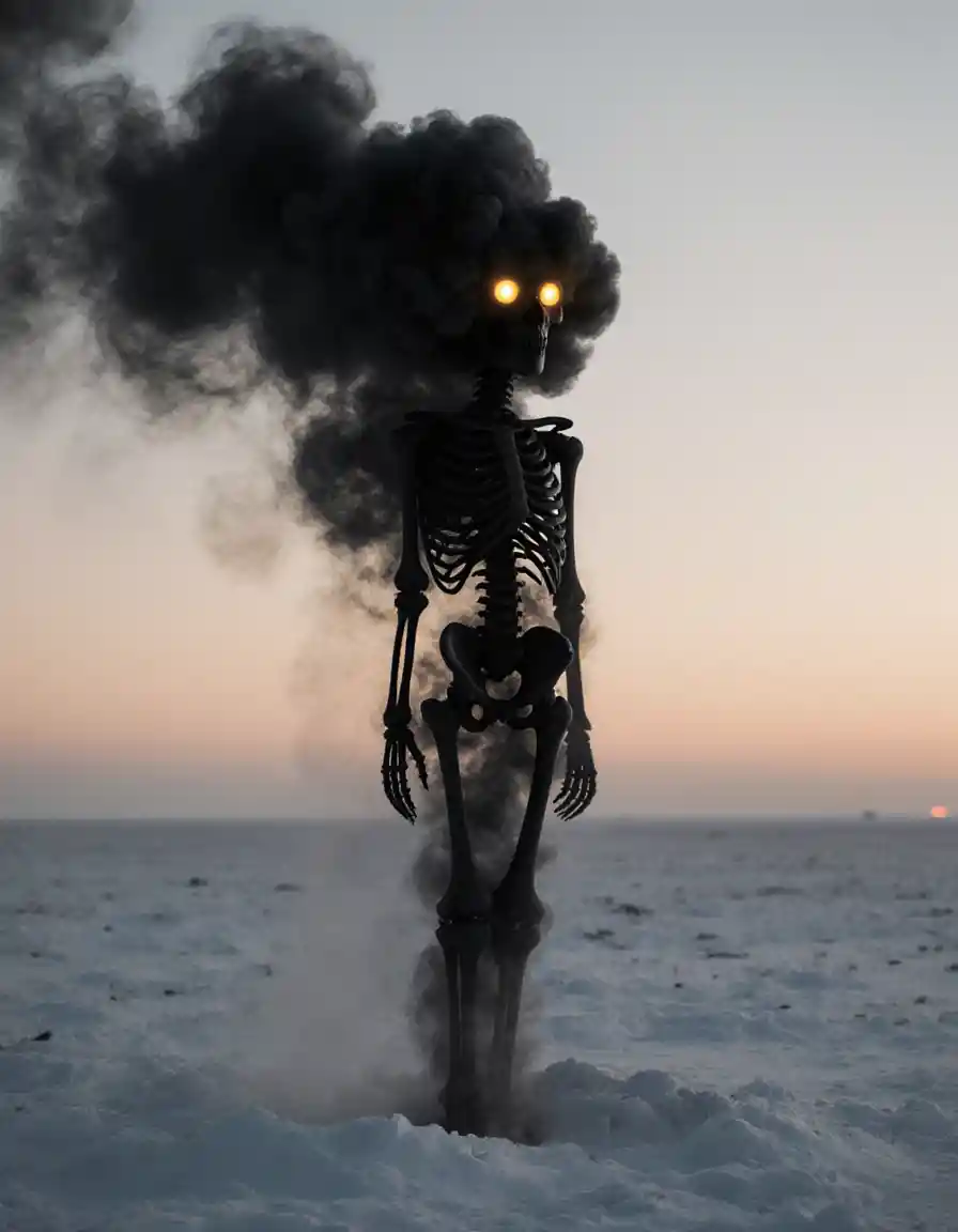 Haunting smoke skeleton figure across a snowy plain at sunset