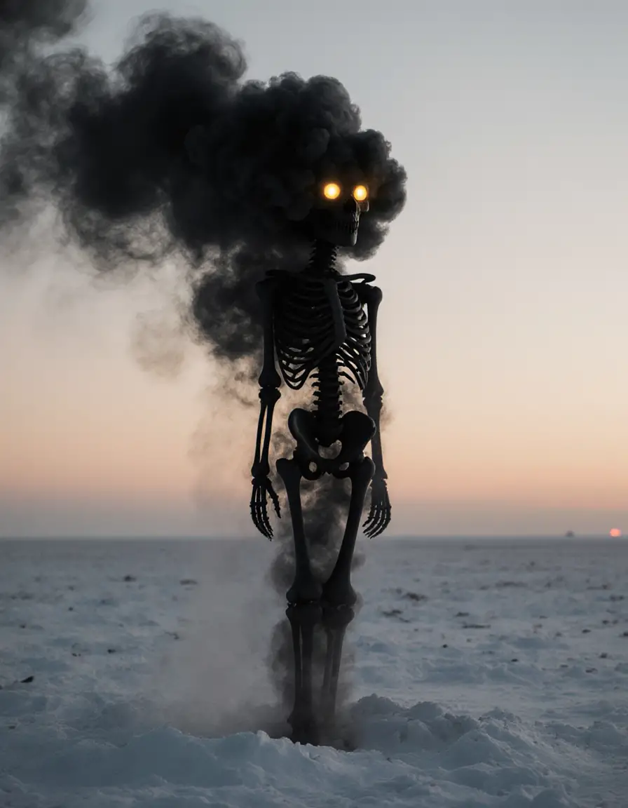 Haunting smoke skeleton figure across a snowy plain at sunset