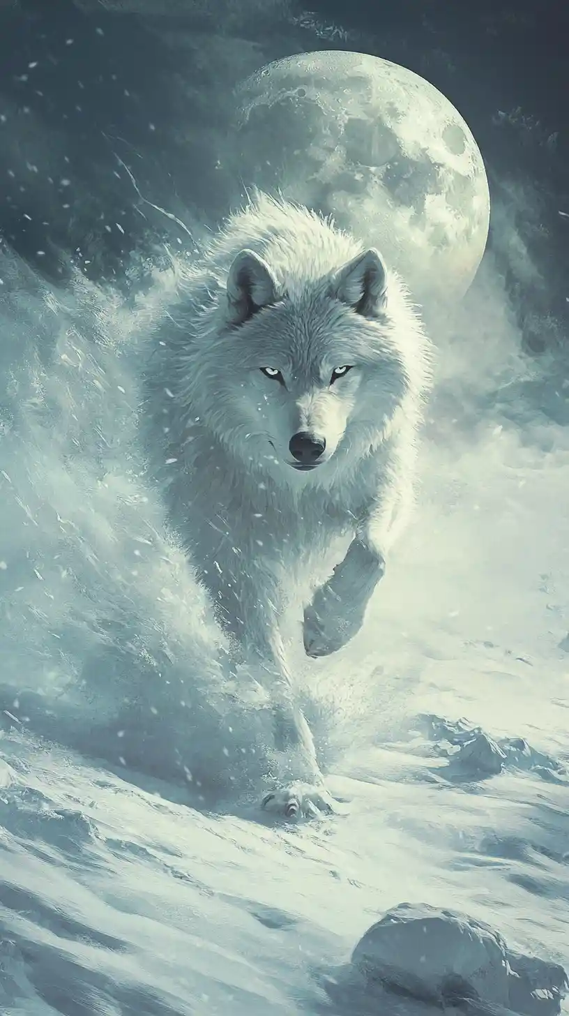 Mystical Arctic Wolf Under Moonlight On Frozen Tundra