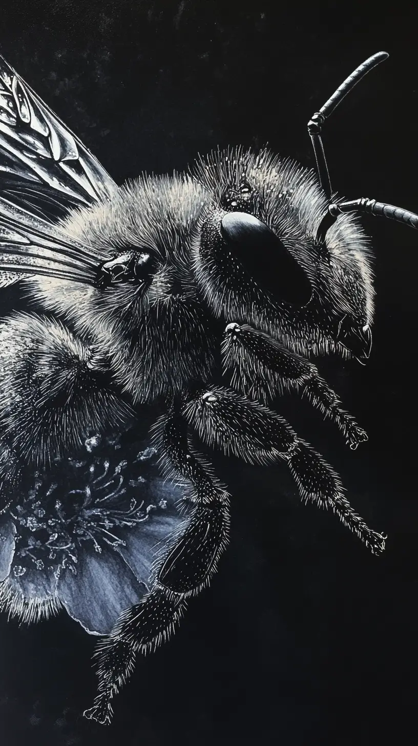 Macro bee ink drawing on black canvas close up