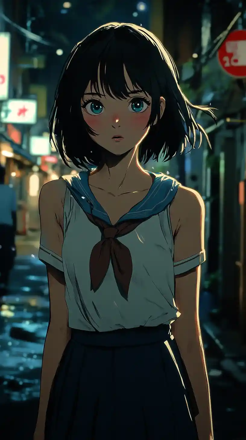 Sad Anime Schoolgirl In A Chaotic Night City Street