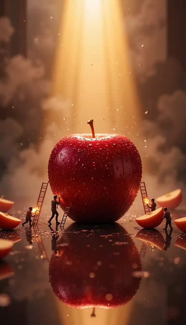 Red apple on reflective surface with tiny workers
