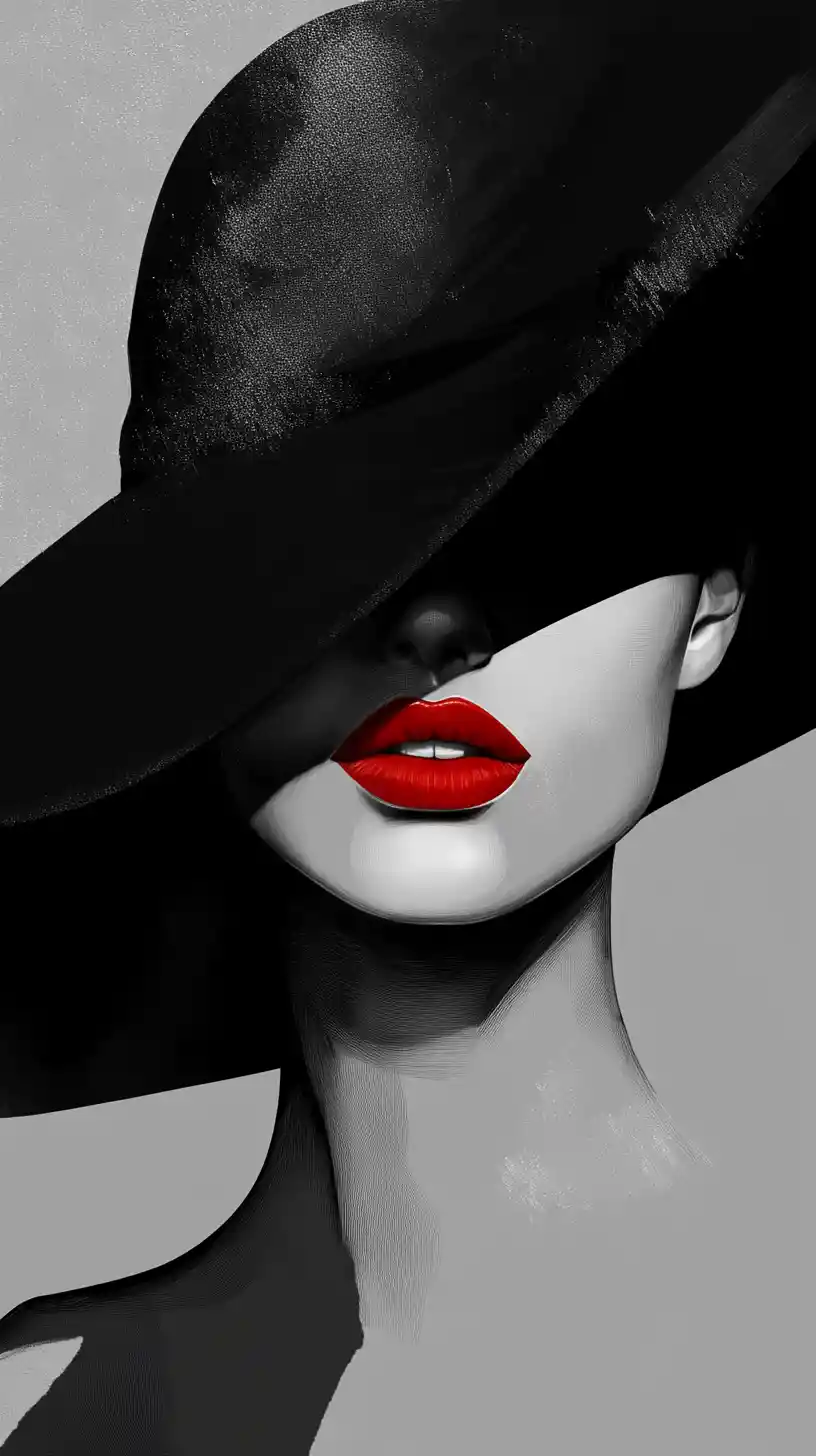 Elegant woman in black hat with vivid red lips