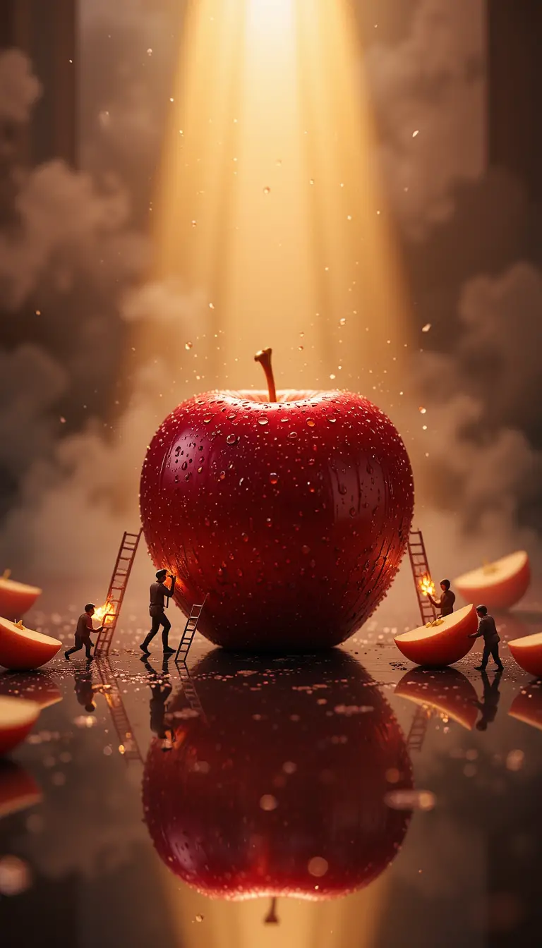 Red apple on reflective surface with tiny workers