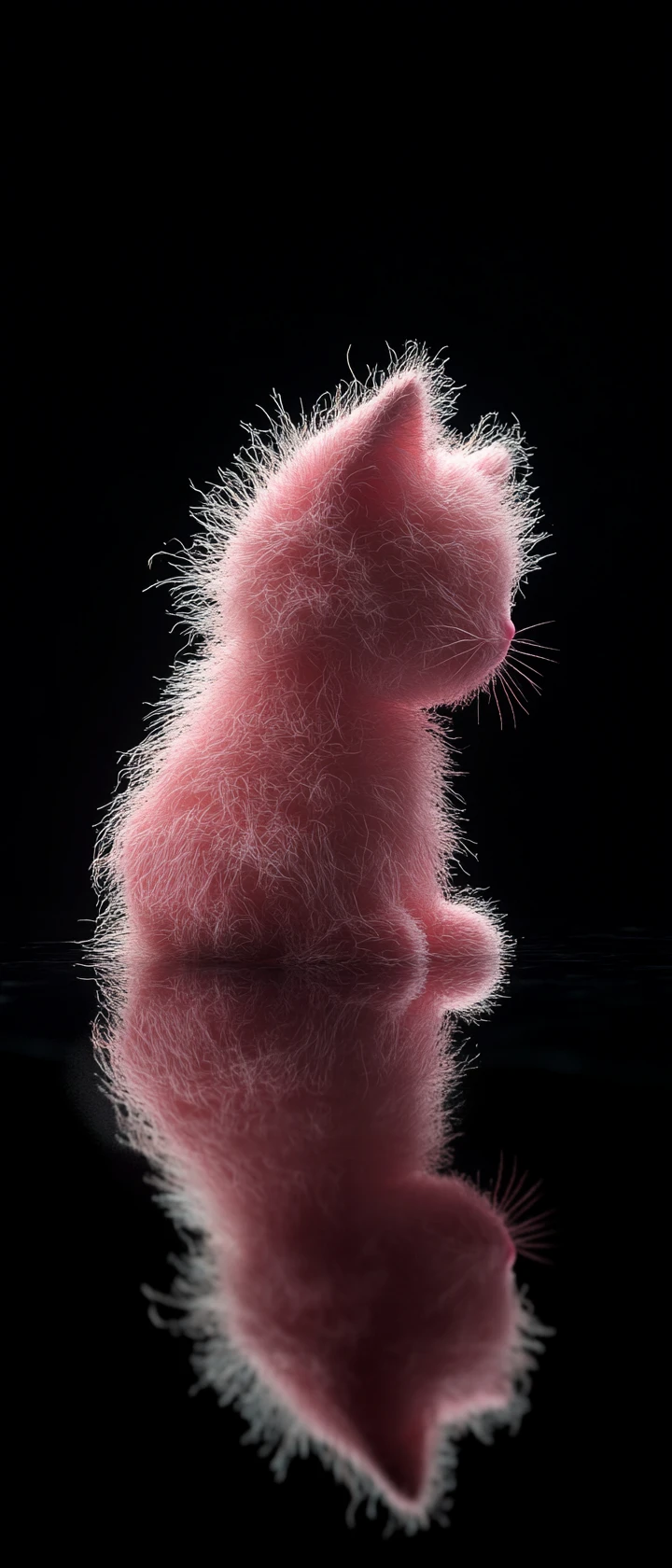 Gato esponjoso de fieltro rosa emergiendo de una grieta dimensional oscura