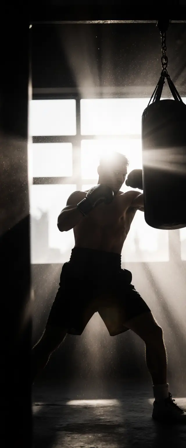 Boxer Punching Heavy Bag In Dramatic Morning Sunlight