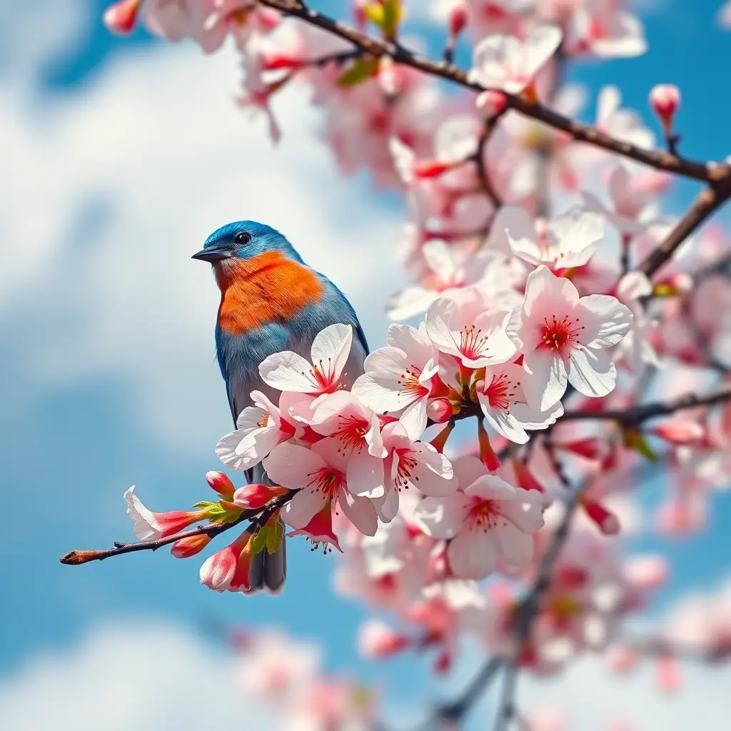 Blue bird on cherry blossoms under a soft spring sky