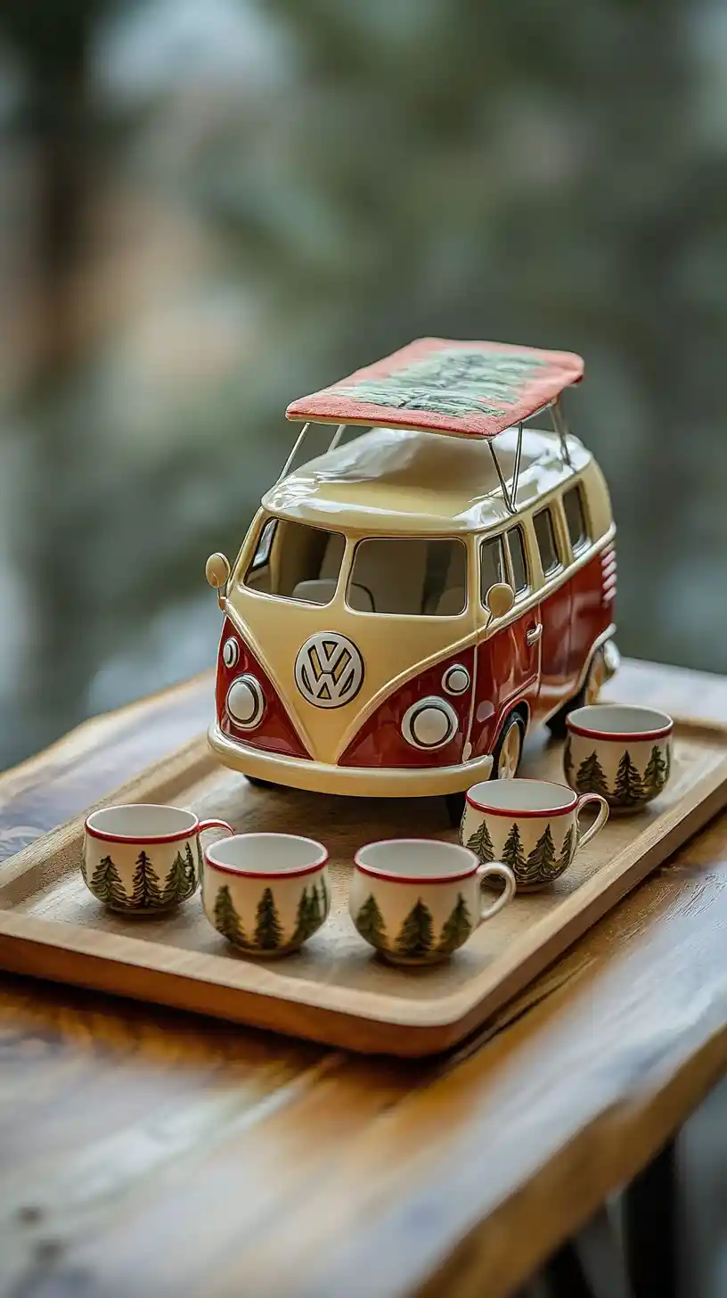Ceramic Camper Van Teapot With Matching Teacups On Tray