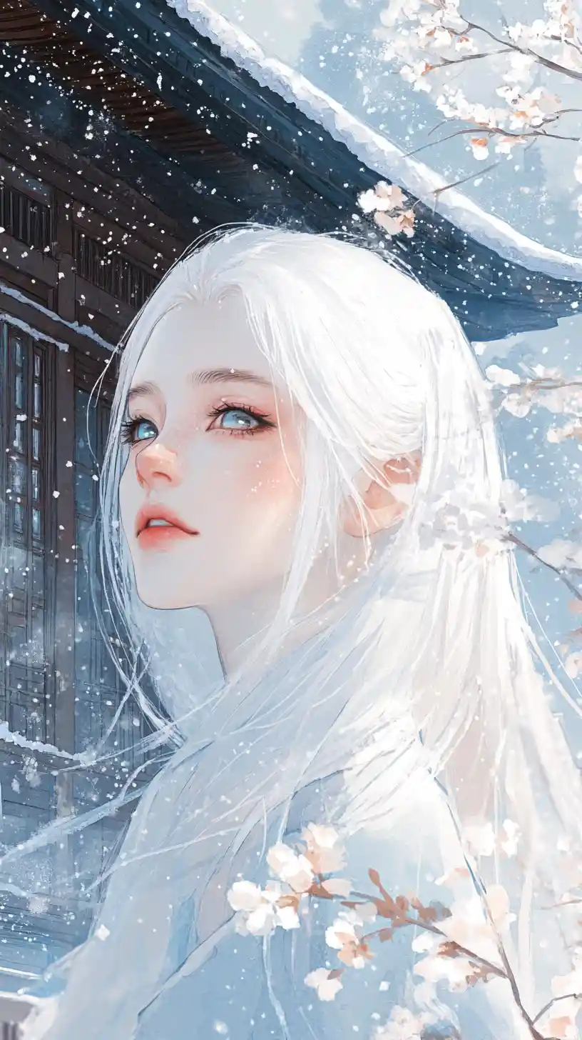 Snow haired fantasy woman in a snowy village