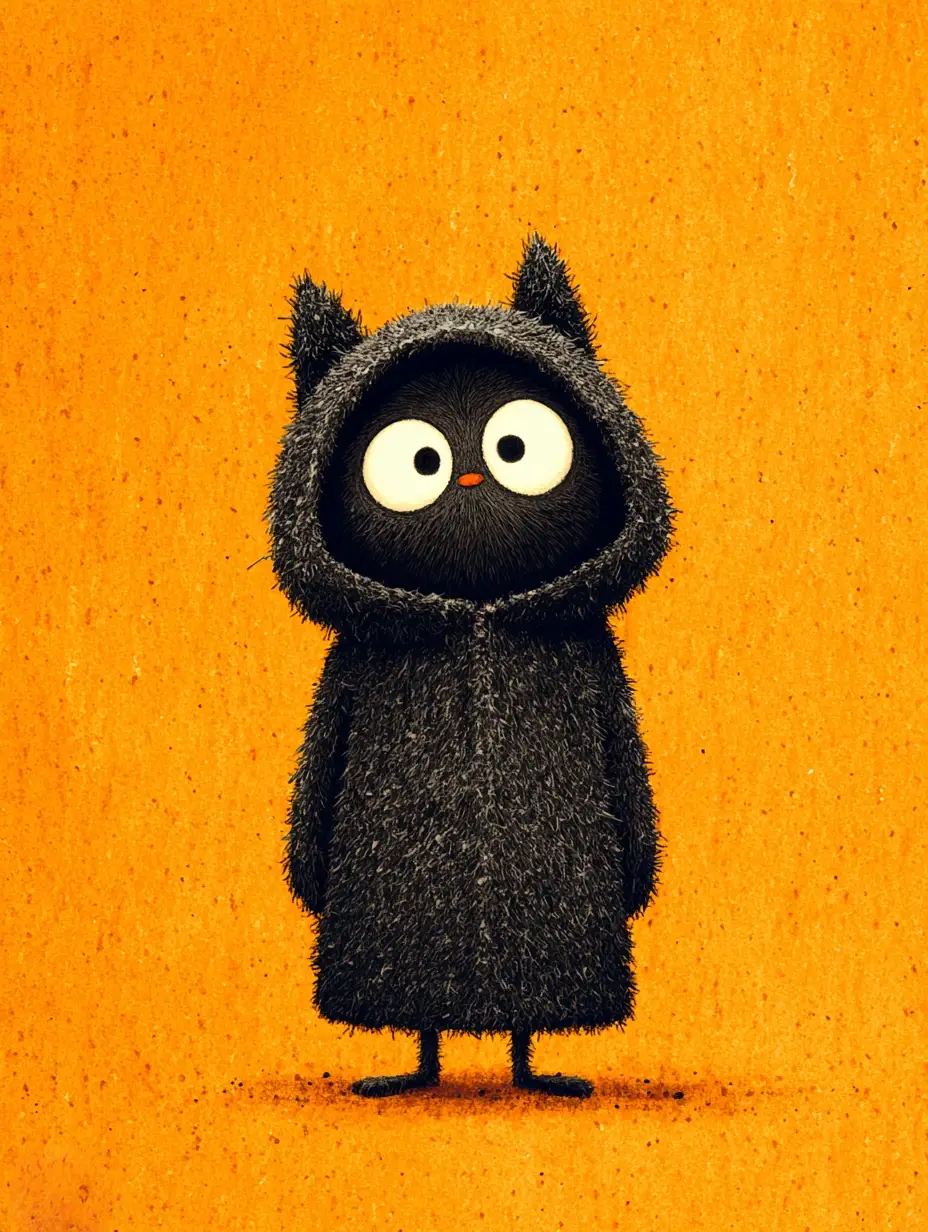 Black cat in cloak on bright orange background
