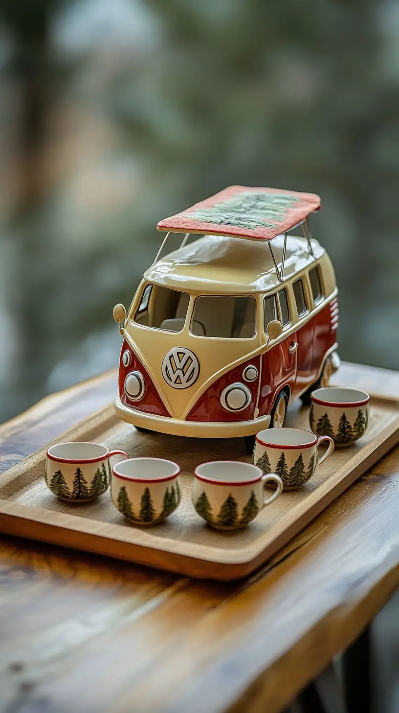 Ceramic Camper Van Teapot With Matching Teacups On Tray